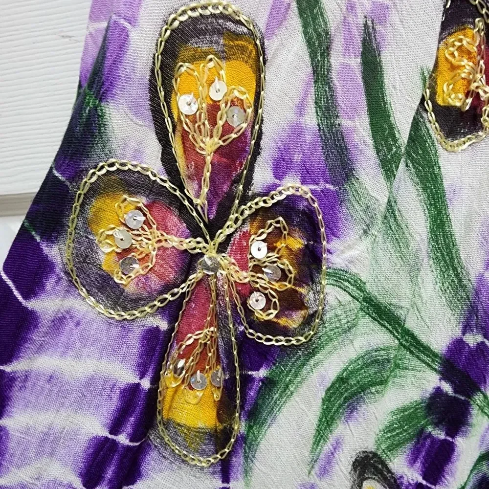 Sante Dress One Size Purple Floral Sequin Rhinestone Embroidered Hi Low Peasant